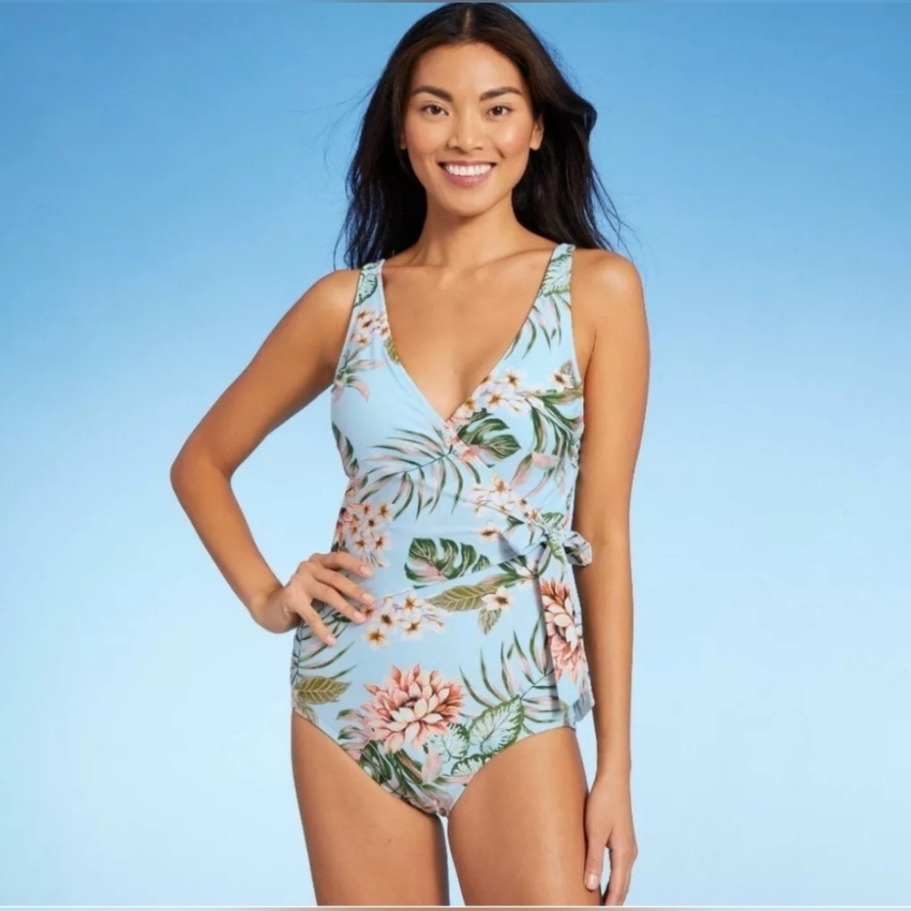 NWT Women's Kona Sol Tropical Wrap Front Full Coverage One Piece Swimsuit, XL